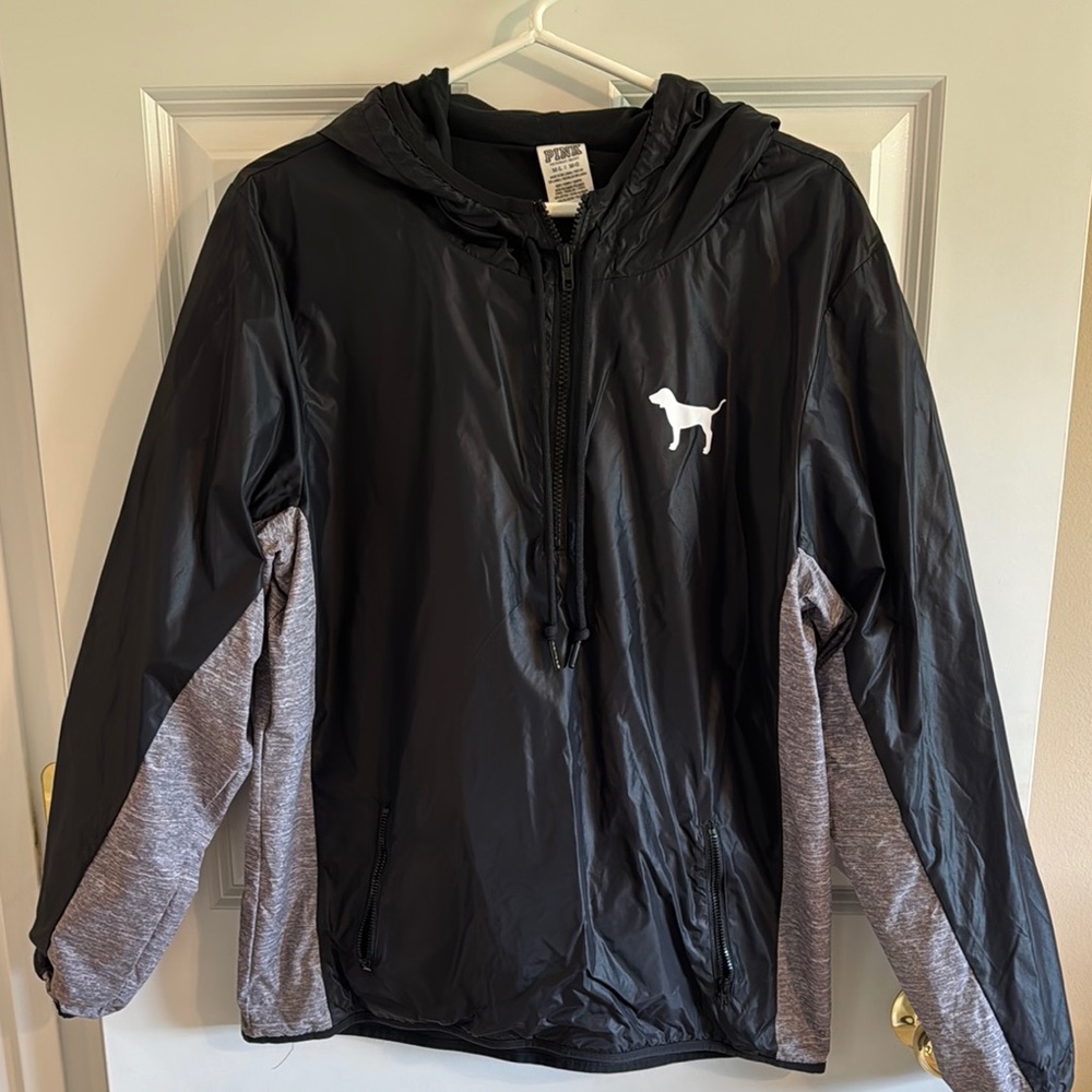 PINK Victoria's Secret Black and Gray Raincoat Quarter Zip with Hood